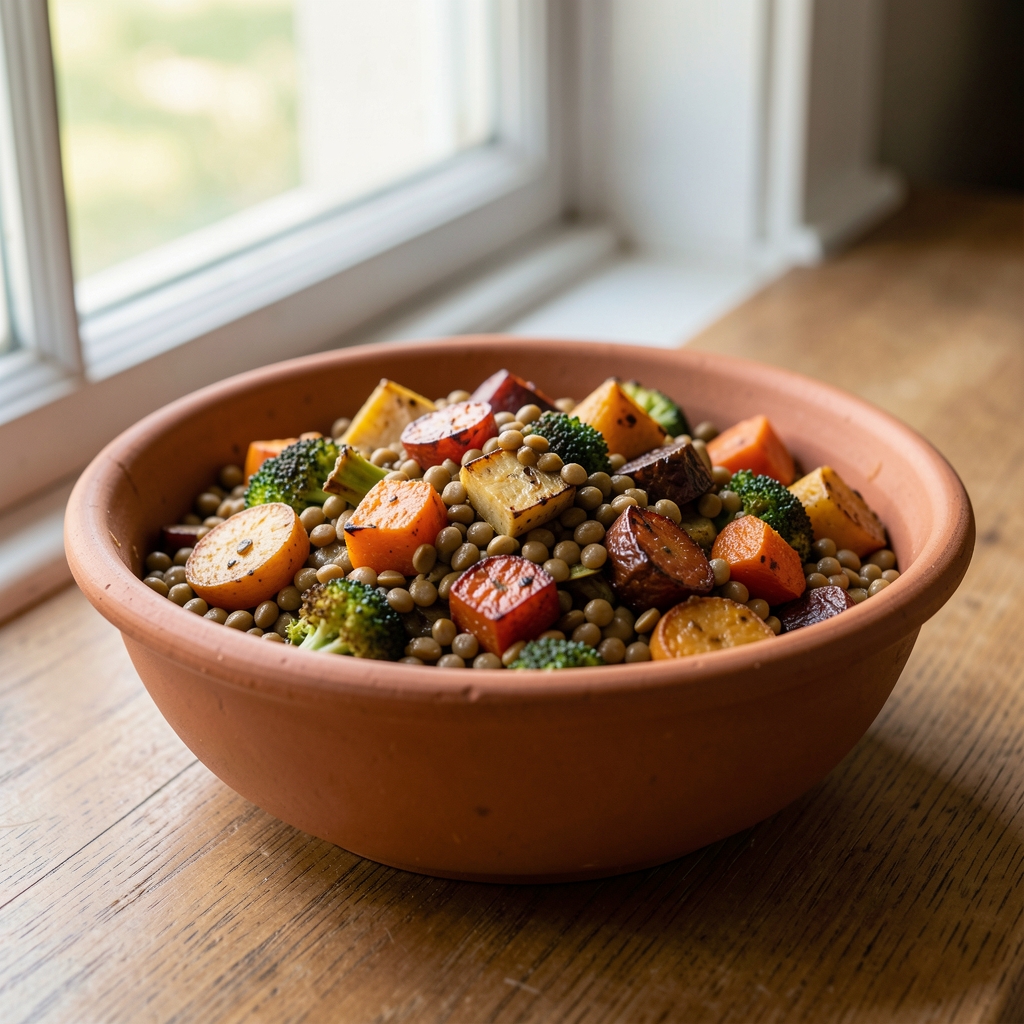 Terracotta bowl filled with cooked lentils and roasted vegetables, natural light from a window beside