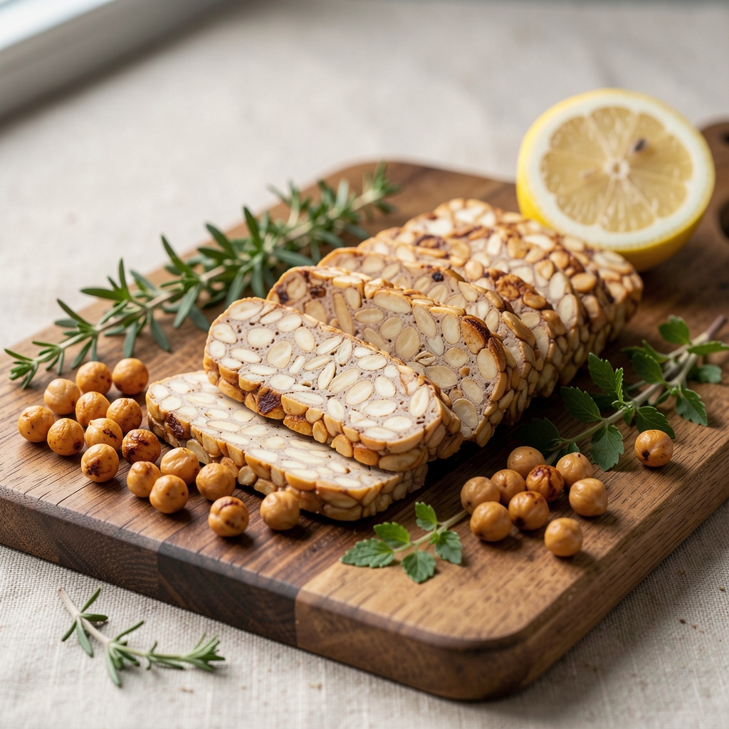 Sliced tempeh and roasted chickpeas arranged on a wooden board with herbs and lemon, natural light