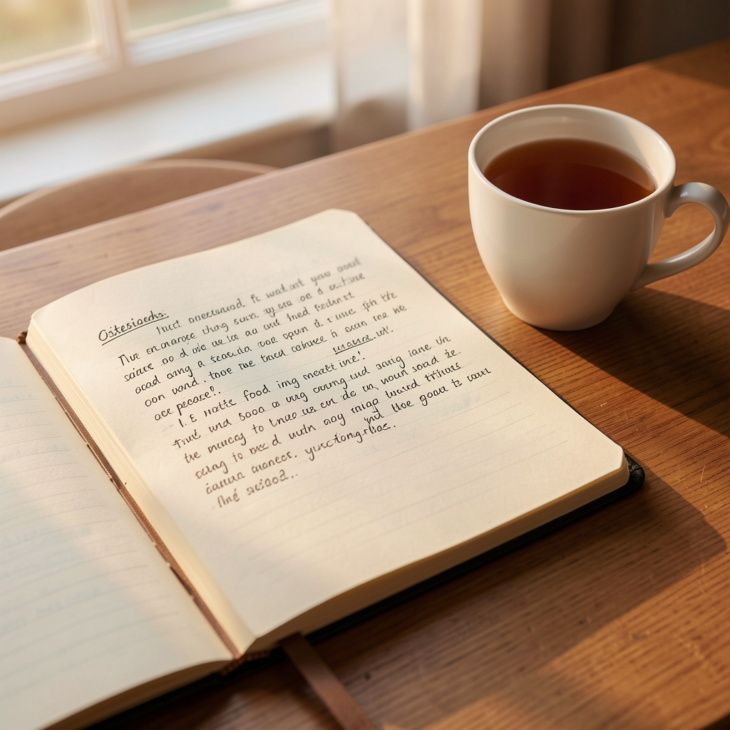 Notebook with handwritten food observations open on a desk beside a cup of tea, late afternoon light