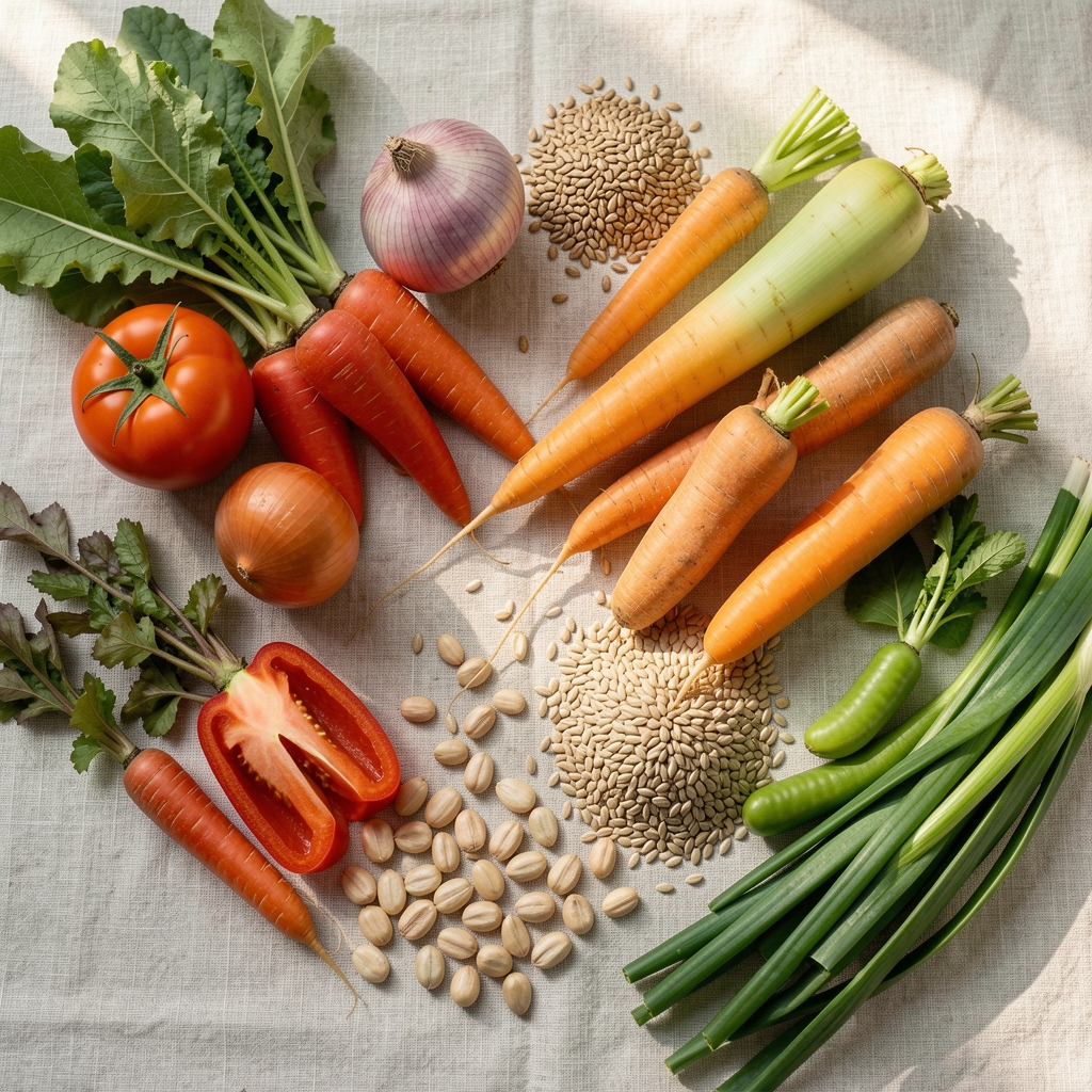 Seasonal vegetables and whole grains arranged on a pale linen surface in soft morning light, editorial overhead composition